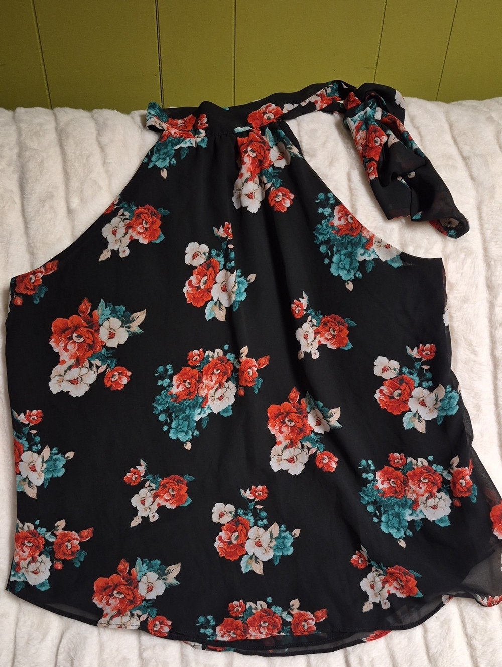 mine Black Halter Floral Camisole with Red and Teal Blooms
